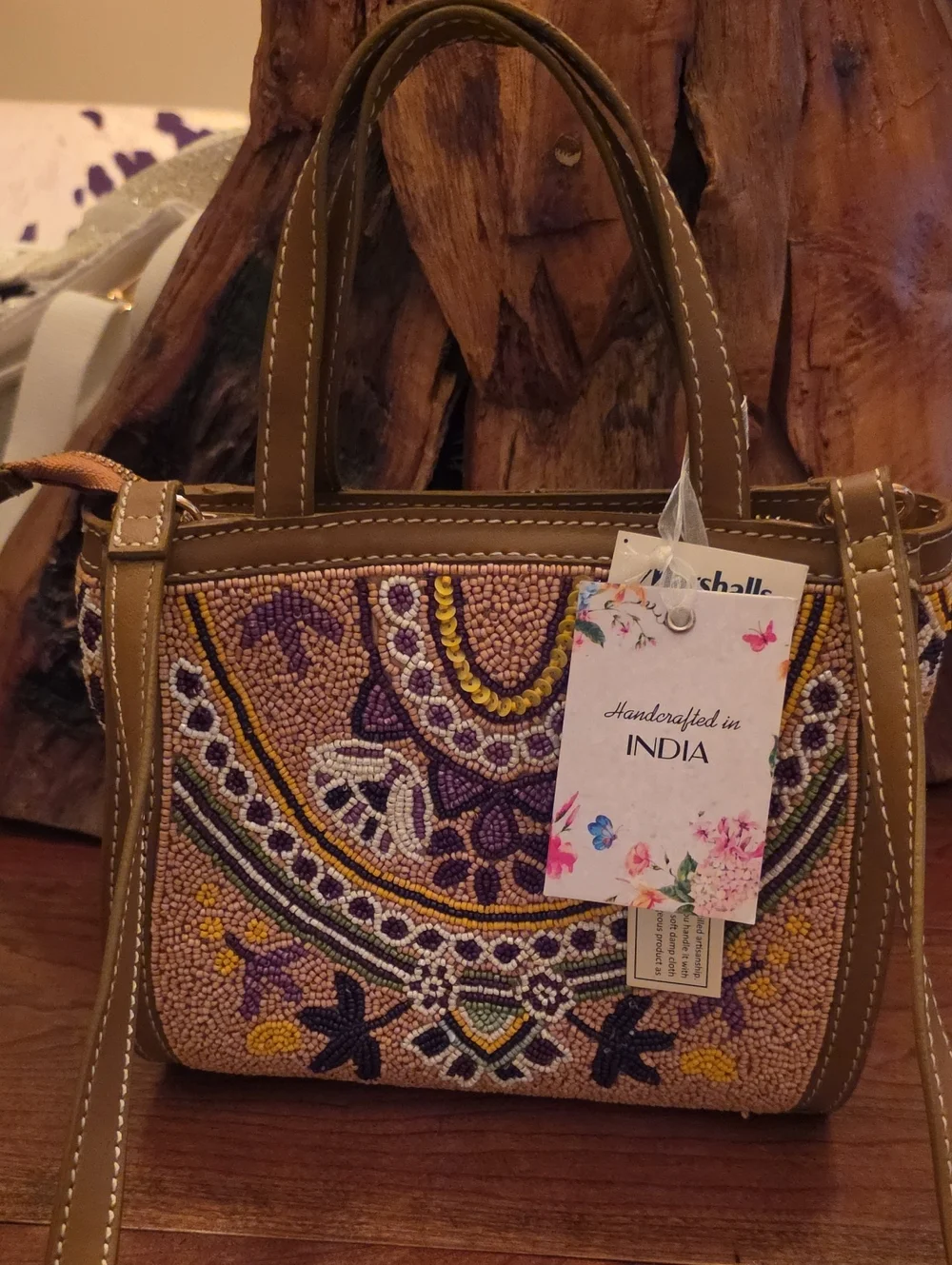 Handcrafted Beaded Small Tote Bag - Purple & Tan